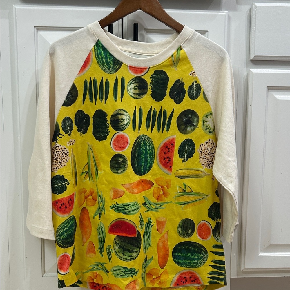 Kids Yellow Fruit & Veg Print Raglan Long Sleeve Tee, New no tag